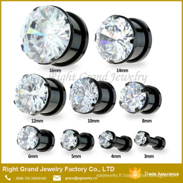 Noir en acier inoxydable plaqué broche de réglage Zircon cubique oreille jauges Plug bijoux